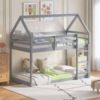 Sunvega Rubber Wood Twin over Twin Bunk Bed with Ladder and Guardrails