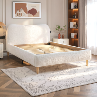 Sunvega King Upholstered Platform Bed with Curved Headboard in Oatmeal Chenille