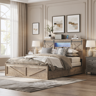 Sunvega Farmhouse Queen Bed Frame with LED Lights Charging Station and Storage Drawers
