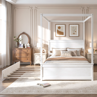 Sunvega Modern Wooden Canopy Bed with Trundle and Brushed White Finish