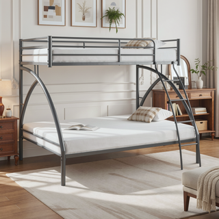 Sunvega Gray Metal Twin/Full Bunk Bed with Guard Rails and Ladder