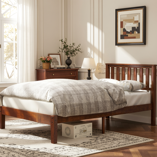 Sunvega Solid Pine Wood Platform Bed with Headboard and Slat Support Twin Walnut