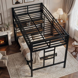 Sunvega Twin Size Metal Loft Bed with Storage Shelf and Safety Guardrails for Kids