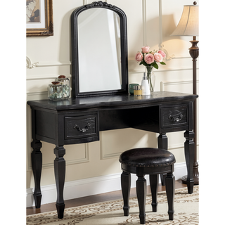 Sunvega Black Wooden Carved Vanity Set with Mirror Stool and Drawers