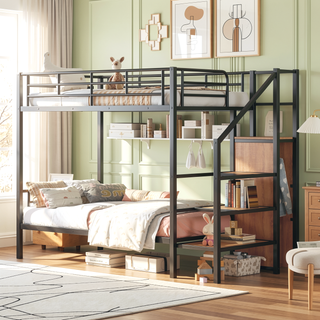 Sunvega Twin Over Twin Metal Bunk Bed with Lateral Ladder and Wardrobe in White