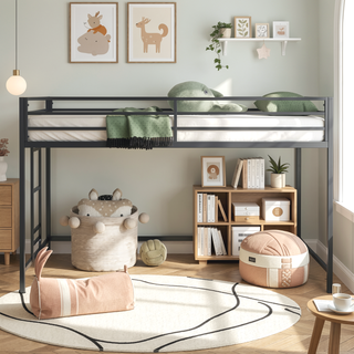 Sunvega Sturdy Metal Loft Bed Frame with Guardrails and Ladder for Kids Bedroom