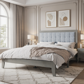 Sunvega Solid Wood King Bed with Upholstered Headboard in Grace Grey Finish