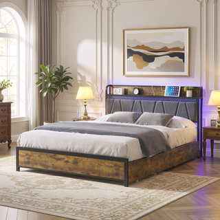 Sunvega Queen Bed Frame with Storage Headboard USB Outlets LED Lights and 4 Drawers