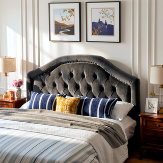 Sunvega Queen Size Upholstered Headboard with Tufted Diamond Stitch and Nailhead Trim