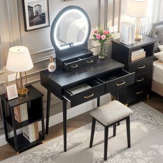 Sunvega Pink Finish Vanity Dresser with Mirror and Stool Set LED Light