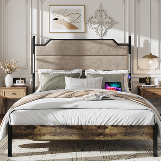 Sunvega Queen Size Bed Frame with Upholstered Headboard and Charging Station