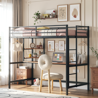 Sunvega Twin Metal Loft Bed with Desk and Shelf in Clean Painted Finish
