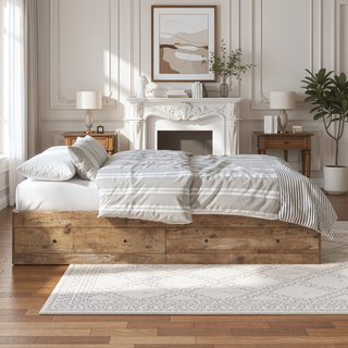 Sunvega Rustic Oak Queen Storage Bed with Two Large Drawers and Safety Stops