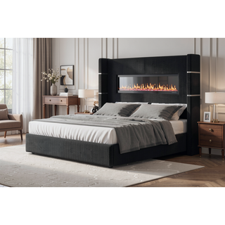 Sunvega Queen Size Upholstered Bed with Electric Fireplace and Bluetooth Speakers in Gray Velvet