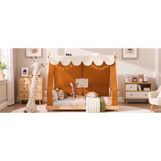 Sunvega Twin Size Brown House Bed with Detachable Tent and Light for Kids