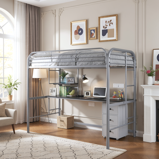 Sunvega Contemporary Full Metal Twin Loft Bed with Workstation and Guard Rails