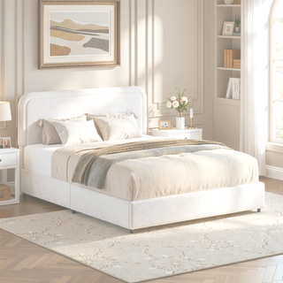 Sunvega Queen Size Ivory Boucle Upholstered Platform Bed with 4 Storage Drawers