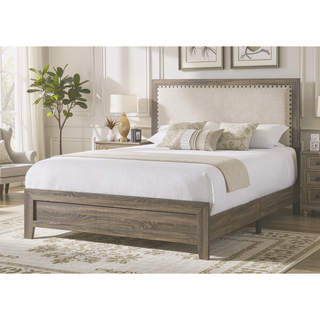 Sunvega Brown Cherry Finish Contemporary Fabric Panel Bed in One Box