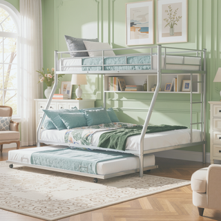 Sunvega Twin over Full Bunk Bed with Twin Trundle and Two Ladders