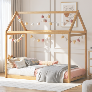 Sunvega Twin Size Gray Wooden House Bed with Eaves Design for Kids Room