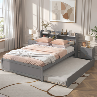 Sunvega White Twin Trundle Bed with Storage Headboard and Bookcase