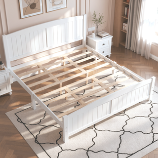 Sunvega White Solid Wood Queen Platform Bed with Slats No Box Spring Needed