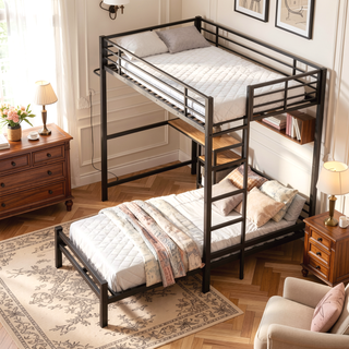 Sunvega Twin Over Twin Metal Bunk Bed with L-Shaped Desk Station and Storage Shelves