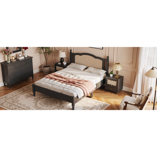 Sunvega Queen Size Wooden Platform Bed with Natural Rattan Headboard and Wooden Slat Support