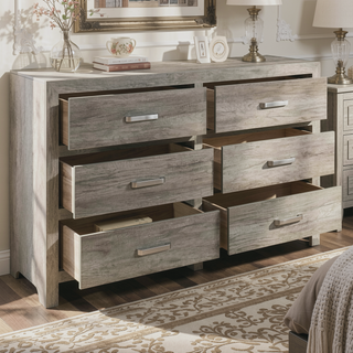 Sunvega Weathered Gray Finish 6 Drawer Dresser Faux Wood Veneer Bedroom Furniture
