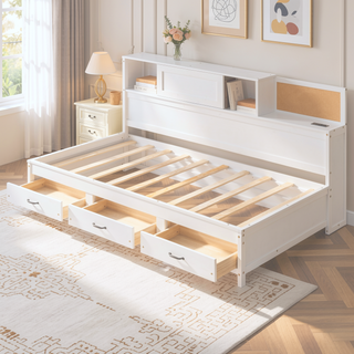 Sunvega Twin Size Wooden Daybed with 3 Storage Drawers and USB Ports