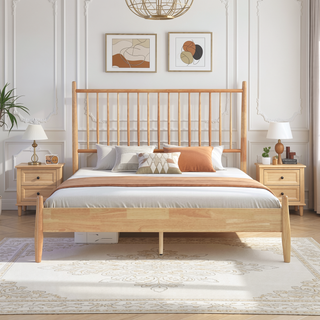 Sunvega Mid-Century Modern Design Full Platform Bed with Vertical Slats Headboard