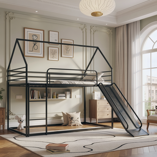 Sunvega Twin Over Twin House Bunk Bed with Slider and Ladder for Kids Room