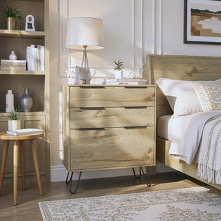 Sunvega Light Oak Dresser with Three Drawers and Hairpin Legs for Bedroom
