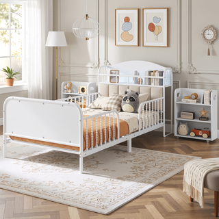 Sunvega Kids Full Metal Bed with Upholstered Headboard LED Lights and Storage