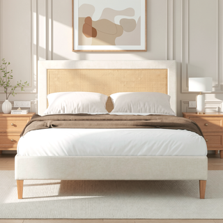 Sunvega Antique White Polyester Upholstered Cane-Back Platform Bed with Birch Frame