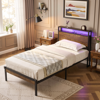 Sunvega Modern Twin Size Metal Platform Bed Frame with Wooden Headboard and USB LINER