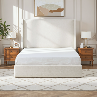 Sunvega Minimalist Upholstered Wingback Bed Frame with 54 Inch Headboard in Textured Ivory Canvas Chenille