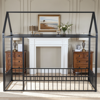 Sunvega Full Size Playhouse Metal Bed Frame with Fence for Kids and Teens