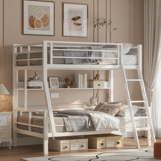 Sunvega High-Stability Square Tube Bunk Bed with Ladder & Rolling Trundle for Home Dormitory