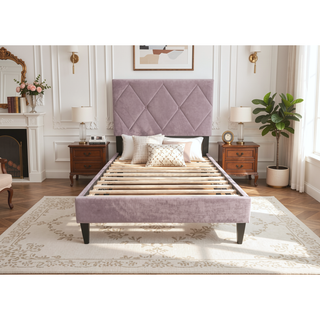 Sunvega Adjustable Velvet Upholstered Twin Bed with 12 Slat Support System