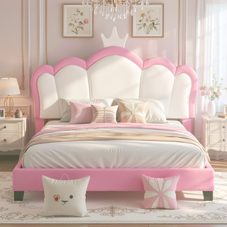 Sunvega Cream Pink Full Size Princess Bed with Crown Headboard and Footboard