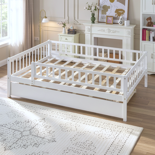 Sunvega Natural Twin Size Wood Daybed with Trundle and Fence Guardrails