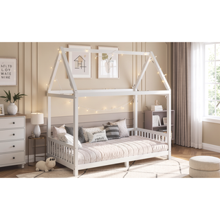 Sunvega White House Shaped Full Size Bed with Guardrail and LED Lights