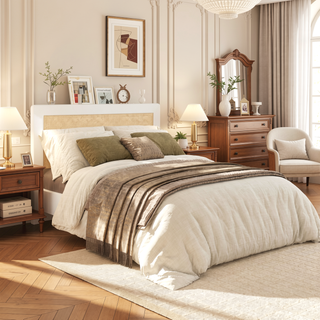 Sunvega Antique White Polyester Upholstered Cane-Back Platform Bed with Birch Frame