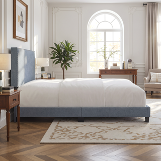 Sunvega Plush Velvet Upholstered Platform Bed with Nailhead Trim and Padded Headboard