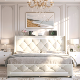 Sunvega Queen Size Bed Frame with Headboard LED Lights Charging Station Storage