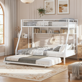 Sunvega High-Stability Square Tube Bunk Bed with Ladder & Rolling Trundle for Home Dormitory