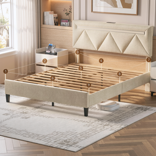 Sunvega Full Bed Frame with Headboard Upholstered Platform Charging Station LED Lights