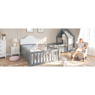 Sunvega Full Size House Floor Bed with Door and Full-Length Guardrails for Kids