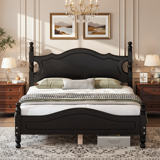 Sunvega Retro Full Size Wood Platform Bed Frame with Slat Support Black